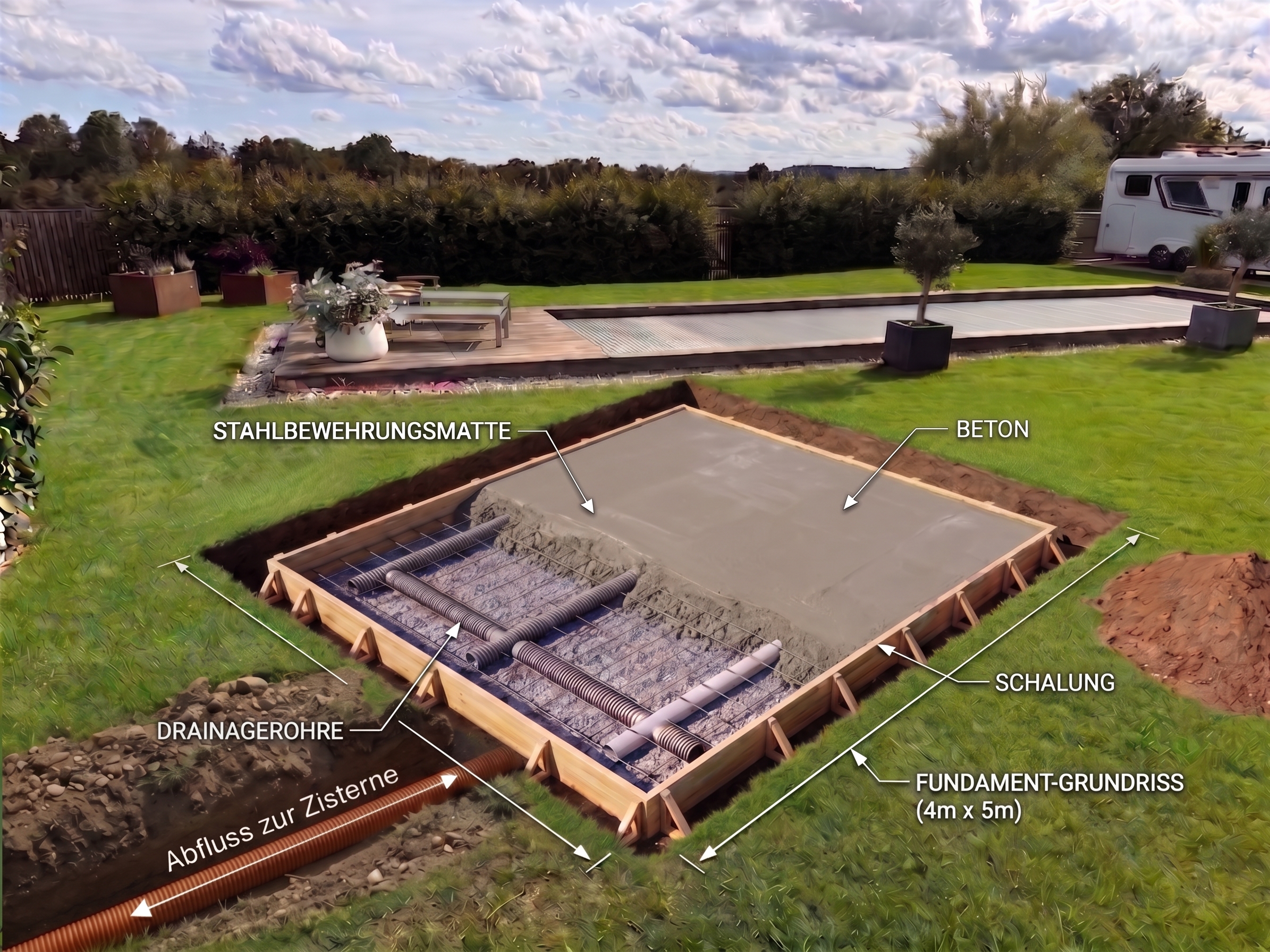 Fundament Schalung Bewehrung und Drainage zur Zisterne